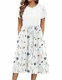 Zeagoo Kleid Damen Sommer Elegant Floral Kleid Damen Rundhals Strandkleid Kurzarm Swing A Linie Blusenkleid Casual Kleider mit Gürtel FloralN M