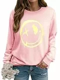 WIEIYM Damen-Sweatshirt, Smiley-Gesicht, Rundhalsausschnitt, langärmelig, Grafikdruck, Basic-Top, lässiger Pullover, S-XXL, hellrosa, S