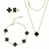 18K Goldplattiertes Vierblättriges Kleeblatt Schmuck Set, Edelstahl Zweiseitig Vierblättriges Schmuck, Halskette Ohrringe Armband Ring Valentinstag Muttertag Weihnachten Geschenk für Damen und Mädche