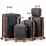 LEADZM Koffer Set 5 teilig Hartschale mit Kosmetikkoffer, Kofferset aus ABS, Reisekoffer mit Rollen Groß, Handgepäck, Hartschalenkoffer Set, Koffer & Trolleys (Schwarz-Braun)