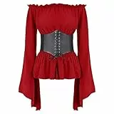ABEHIK Damen Mittelalter Oberteil f�r Frauen Gothic Renaissance Bluse Langarm Trachtenbluse mit Trompeten�rmel Schulterfrei Shoulder Shirt