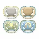 Philips AVENT ultra air Schnuller - 4er Pack, BPA-freier, atmungsaktiver Schnuller für Babys von 0-6 Monaten, inklusive Transport- und Sterilisationsbox, Sonne/Regenbogen (Modell SCF085/65)