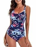 Durio Badeanzug Damen Badeanzüge Wickeloptik Bauchweg Push Up Badeanzug für Damen Einteilige Sexy Shaping Bademode Swimsuit Blaue Aquarellfarbe XL