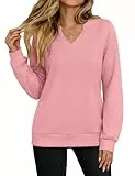 Aottori Sweatshirt Damen Langarm Pullover V-Ausschnitt Elegant Baumwoll Oberteil Casual Sexy Locker Langarmshirt Basic Herbst Winter Pulli Top Einfarbig Rosa L