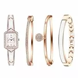 JewelryWe Damenuhr Armreif Set Rosegold: 4 Stück Damen Glitzer Strass Rechteckig Quarz Uhr und Armband Schmuckset Elegant Diamant Armbanduhr Armkette Geschenk für Frauen Mädchen Freundin