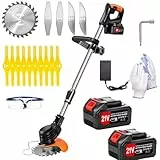 Xbzzgmg Rasentrimmer mit Akku, Akku Rasentrimmer mit 2 Akkus und 4 Messertypen Verstellbarer Freischneider, Teleskop Freischneider Akku mit Geringem Geräuschpegel für Höfe, Gärten und Gehwegkanten
