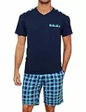 Litherday Schlafanzug Herren Kurz Sommer Baumwolle Shorty Pyjama Set Kurzarm Zweiteiliger V-Ausschnitt Schlafanzughose Jungen Nachtwäsche Marineblau L