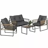 Outsunny 4 TLG. Rattan Gartenmöbel-Set, Sitzgruppe mit Kissen, Gartengarnitur mit 1 Couchtisch aus Glas, 2 Sesseln, 1 Doppelsofa, Sitzgarnitur für Garten, Terrasse, Stahl, Braun