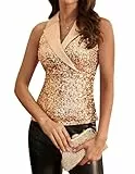 GRACE KARIN Damen Glitzernde Pailletten Ärmellose Tops Pailletten V-Ausschnitt Schimmer Weste Tank Top Gold-Pailletten L