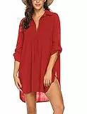 UNibelle Strandkleid Damen Bikini Cover Up Tunika Bluse Strandkleid Damen Shirt Strandponcho Sommer Cuffed Sleeve Shirts Tops, Rot, L
