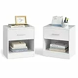 VASAGLE Nachttisch, 2er Set, Beistelltisch, mit Schublade, Griff, offenes Fach, Couchtisch, für Schlafzimmer, Wohnzimmer, klassikweiß LET819T14