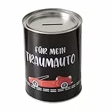 ReWu Spardose Sparschwein mit Schriftzug Für Mein Traumauto - Deckel Abnehmbar - Wiederverwendbar Metall Sparbüchse Geldgeschenk Geschenkidee Geldspardose Metallspardose 10 x 13,4 cm Schwarz