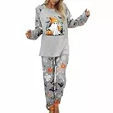 Generisch Schlafanzug Damen Baumwolle Halloween Pyjama Set Kuschelig Rundhals mit Bündchen Lang Zweiteiliger Nachtwäsche Raglanärmel Sleepwear und Pyjamahose Hausanzug Freizeitanzug