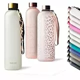 MAMEIDO Trinkflasche mit Zeitmarkierung 1 l Kohlensäure geeignet, auslaufsichere Water Bottle, Wasserflasche BPA frei für Sport, Gym & Büro (Ivory Beige)