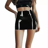 Latex Fashion Bleistiftrock Schwarz,Gummi Minirock mit Reißverschluss Hinten für Damen,Themenclub Kostüm S