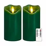 Justup Flammenlose LED-Kerzen, Set von 2 Flackernde LED Kerzen mit Fernbedienung und Timer, Dimmbare Säulen Kerzen Batterie betrieben, Grüne Kerzen für Home Weihnachtsdekoration (Grün)