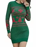 Irevial Strickkleid Damen Rundhals Weihnachtskleid Pullikleid Langer Pulloverkleid Frauen Kleider Pullover Rippstrick Wickelkleid Schneeflocken Muster Bequem Für Winter Freizeit Party Grün S