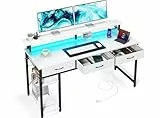 Seventable Schreibtisch mit Schubladen, Computertisch mit Steckdosen & LED, Gaming Tisch mit Monitorständer, Regal & 2 Haken, Gaming Schreibtisch für Büro, Wohnzimmer (Weiß, 120 cm)