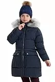 maoo garden Mädchen Wintermantel Faux-Daunen Schwergewicht Schnee Parka Fuzzy-Pelz-Futter Kapuze Wasserdicht lange Jacke Marine 12Y
