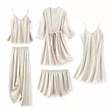 SAPJON Seiden-Pyjama für Damen, 5-teilig, Nachtwäsche, Loungewear, Satin, Robe, Cami-Shorts, Pyjama-Set, Hellgrau, M