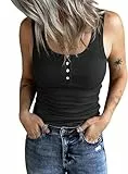 Fessceruna Damen Tops Sexy U-Ausschnitt Tank top Ärmellos Sommer Oberteile Gerippt Camisole mit Knöpfen(Schwarz, S)