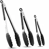 HOTEC Premium Edelstahl Küchenzange mit Silikon Spitzen, Grillzange Set of 3-18 cm, 23 cm und 30,5 cm Schwarz