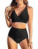 CMTOP Bikini Damen Set V Ausschnitt Push Up Zweiteiliger Badeanzug High Waist Ruched Bauchweg Bikini-Sets für Damen Sommer Crossback Bademode Swimsuit für Strand, Pool(Schwarz,L)