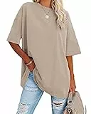 Ebifin Oversize T Shirt Damen Rundhals Kurzärmeliges Tops Casual Lockere Basic Sommer Tee Shirts Bluse.Khaki.XL