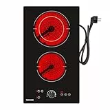 WEHIMO Glaskeramikkochfeld 2 platten, 3400W (2200W+1200W), Drehknopfsteuerung, Doppelringbrenner, 9 Heizstufen, Berührungssteuerung, Kindersicherung, 1-99min Timer, Geeignet für Alle Töpfe