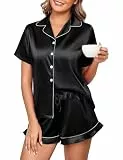 Niwicee Satin Schlafanzug Damen mit Knopfleiste Kurz Nachtwäsche Pyjamas Set Zweiteiliger Nachtwäsche Hausanzug PJs V-Ausschnitt Loungewear (Schwarz, L)