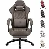 Dowinx Gaming Stuhl mit Frühling Kissen,Racing Gamer Stuhl mit Massage Lendenwirbelstütze, Ergonomischer Gaming Sessel mit Fußstütze Bürostuhl PU Leder Braun
