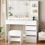 ANWBROAD Schminktisch mit LED Beleuchtung und Hocker, Glasplatte, Schminktisch mit Steckdosen und Großer Spiegel, Frisiertisch mit 5 Schubladen Offenen Regalen, Modern Weiß BDT74W