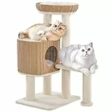 Yaheetech Kratzbaum Rattan Kletterbaum für große Katze bis 10 Kg, Stabiler Katzenbaum 91cm mit großen Plattformen Katzenhöhle, Beige