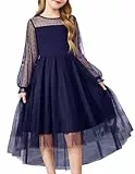 Arshiner Mädchen Kleid Festliches Langarmkleid Dunkelblau Mesh Rundhals Tüllkleid Kinder Halloween Partykleid Winter Ballkleid 10-12 Jahre
