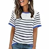 ANCAPELION Damen Casual T-Shirt Striped Kurzarm Sommer Tops Oberteile Rundhals Basic Bluse Weiß und Blau Gestreift M