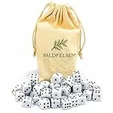 Waldfelsen 6, 12, 20, 30 oder 50 hochqualitative Würfel Standardgröße 16 mm Acrylwürfel Knobel Spielwürfel Dice 6-seitig sechsseitig Spielzubehör Set mit Stoffbeutel (Weiß, 50 Stück)