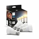 Philips Hue White Ambiance E27 LED Lampen 4er Pack (800 lm), dimmbare LED Leuchtmittel für das Hue Lichtsystem mit warm- bis kühlweißem Licht, smarte Lichtsteuerung über Sprache und App, 4er Pack