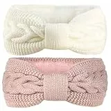 2 Stück Stirnband Damen Winter, Stirnband Mädchen, Gestrickte Headwrap Kopfband Elastische Gefüttert Fleece Haarband, Verdicken Stirnbänder Mädchen, für Herbst und Winter (Weiß+Rosa)