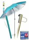 Menz Sonnenschirm Strand Ø 180 cm in Türkis, 3-IN-1 Set - UPF 50+ Strandschirm windfest stabil + Schirmhülle + Rasendorn Sonnenschirmhalter - Sonnenschirm mit Rasendorn für Garten, Schirmspieß