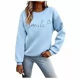 Nuqqichongtian Sweatshirt Damen,Pullover Damen Sweatshirt Briefe Drucken Langarm Rundhals Pulli Buchstaben Druck Locker Casual Oberteil Sport Streetwear Sweatshirts ohne Kapuze Bluse Tops Blue XXL