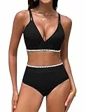 UMIPUBO Bikini Damen Set High Waist Push Up Bauchweg Zweiteiler V-Ausschnitt Große Brüste Bademode Hoher Taille Colour Blocking Mit Muschelkante Badebekleidung