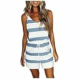 DeaAmyGline Träger Jumpsuit Damen Kurz Gestreifte Overall Sommer Latzhose Sexy Spaghetti V-Ausschnitt Jumpsuit-Kleid Romper Einteiler Shorts Hose Playsuit Hosenanzug Jumpsuits