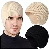 Wintermützen mit Ohrenklappen für Herren und Damen, warme Strickmütze mit Ohrenklappen, dicke Mützen, 2 Stück, G - Schwarz, Beige, 5-6