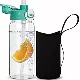 DEARRAY 0.6l Trinkflasche Glas Flasche mit Strohhalm Auslaufsicher Wasserflasche 600ml BPA frei Glasflasche mit Schutzhülle für Kinder, Schule, Männer, Frauen, Sport