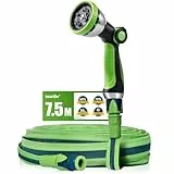 RAINPOINT Gartenschlauch Flexibel 7,5m, Leichtgewicht-Wasserschlauch mit TPE-Innenschlauch, 800D Oxford-Gewebe, 30 Bar Berstdruck, 10-Funktionen Gartenbrause, 1/2' & 3/4' Anschlüsse