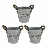 Relaxdays Blumentopf Set, 3 Übertöpfe Grüner Garten, H x D: 12,5 x 14 cm, Kräutertopf mit Henkel, Eisen & Jute, Silber
