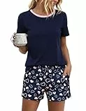 Litherday Schlafanzug Damen kurz Baumwolle Pyjama Set Sommer Zweiteiliger Herzmuster Shorts und Nachtwäsche Rundhals