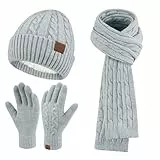 ZASFOU Damen Winter Mütze Schal Touchscreen Handschuhe Set Thermo Strickmütze Beanie Wintermütze Schals Winterschal Winterhandschuhe Geschenk für Frauen