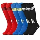 Utensilsto 3 Paar Fußballsocken Kinder 33-37 Sportsocken Lange Fußball Socken Atmungsaktiv Fußballstutzen für Jungen Mädchen Rutschfeste Trainingssocken für Fußball Laufen Basketball(Schwarz+Blau+Rot)