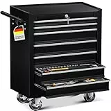 MASKO® Werkstattwagen rollbar 7 Schubladen abschließbar, mobiler Rollwagen zur Werkzeugaufbewahrung mit Schloss & Kugellager-Schubladen, Stabiler Werkstatt Trolley aus massiven Metall, Schwarz